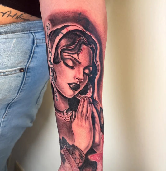 Big Black and Grey Virgin Mary Tattoo on Women Arm by @toritattedme