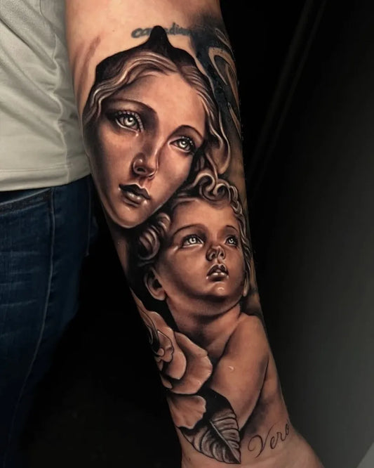 Big Black and Grey Virgin Mary and Child Rose Tattoo on Women Arm by @ink_o_fame_tattoo_bamberg
