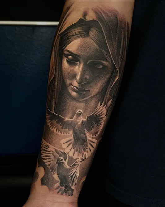 Big Black and Grey Virgin Mary and Doves Tattoo on Women Arm by @jgarcestattoo