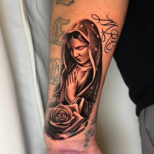 Big Black and Grey Virgin Mary and Rose Tattoo on Men Arm by @artby_raw