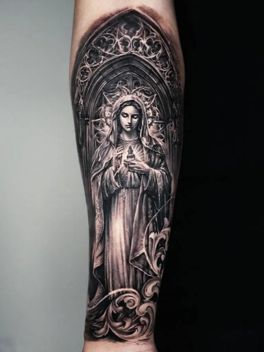 Big Black and Grey Virgin Mary in Gothic Arch Tattoo on Women Arm by @jiyatattoo