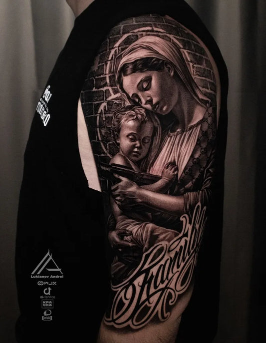 Big Black and Grey Virgin Mary with Baby and Brick Wall Tattoo on Men Arm by @lukjanov_tattoo