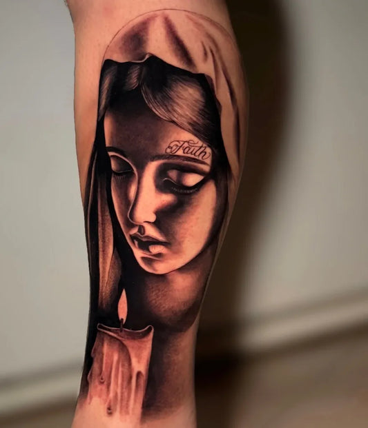 Big Black and Grey Virgin Mary with Candle and Faith Tattoo on Women Arm by @emanueleannesetattoo