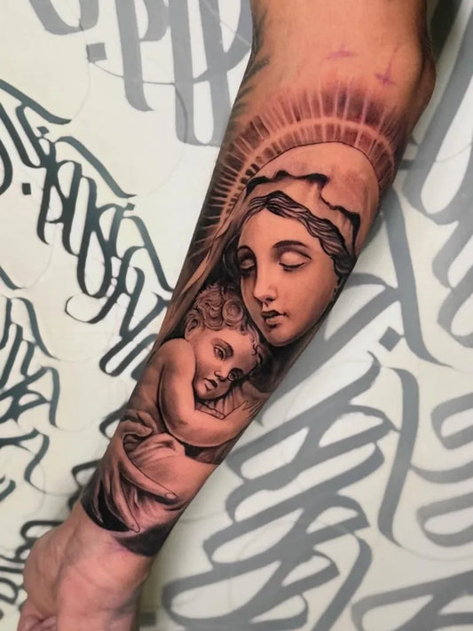 Big Black and Grey Virgin Mary with Child Tattoo on Men Arm by @nosartist