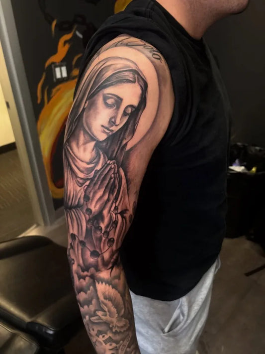 Big Black and Grey Virgin Mary with Clouds Tattoo on Men Arm by @d_thartist