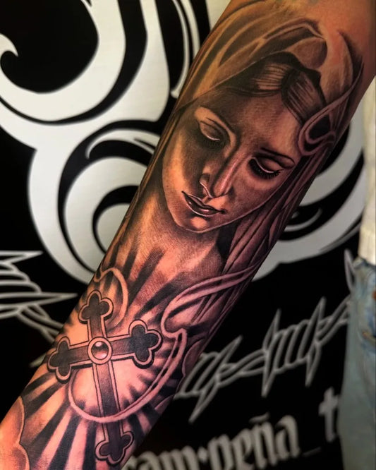 Big Black and Grey Virgin Mary with Cross and Rays Tattoo on Men Arm by @pena_tattoos831