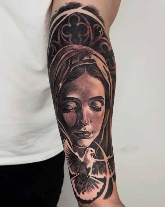 Big Black and Grey Virgin Mary with Dove Tattoo on Men Arm by @adrian_lazaro