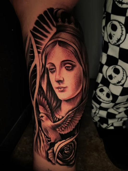Big Black and Grey Virgin Mary with Dove and Rose Tattoo on Women Leg by @hurtado_ink94