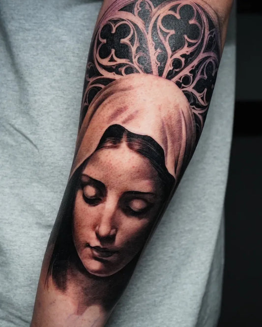 Big Black and Grey Virgin Mary with Gothic Arch Tattoo on Men Arm by @reyr1tattoo