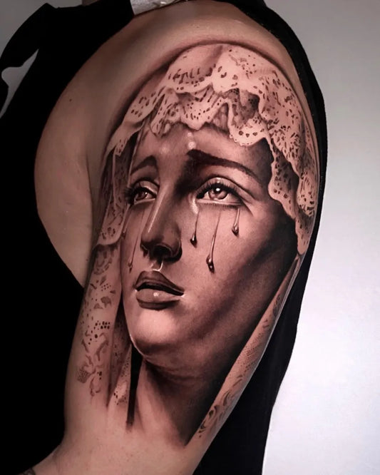 Big Black and Grey Virgin Mary with Lace Veil Tattoo on Women Shoulder by @achilletattoos