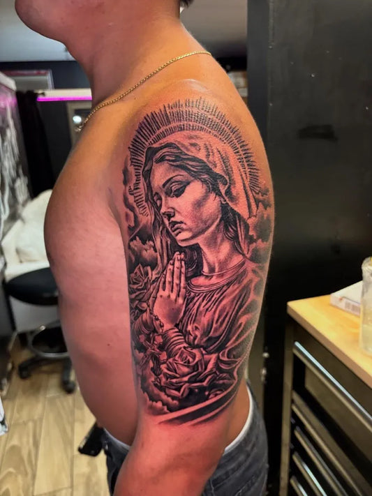 Big Black and Grey Virgin Mary with Rosary Tattoo on Men Shoulder by @imaginedatink