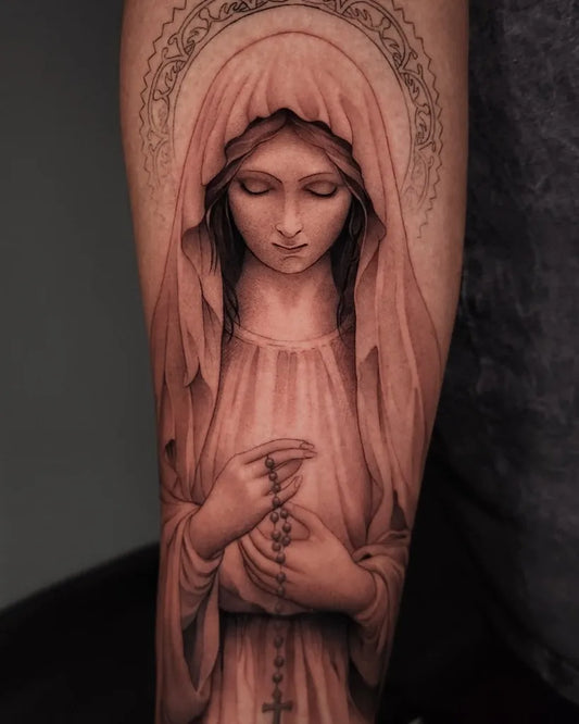 Big Black and Grey Virgin Mary with Rosary Tattoo on Women Arm by @chupacabratattoo631
