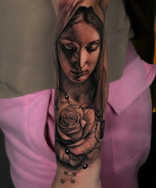 Big Black and Grey Virgin Mary with Rosary Tattoo on Women Arm by @nathan_inkk