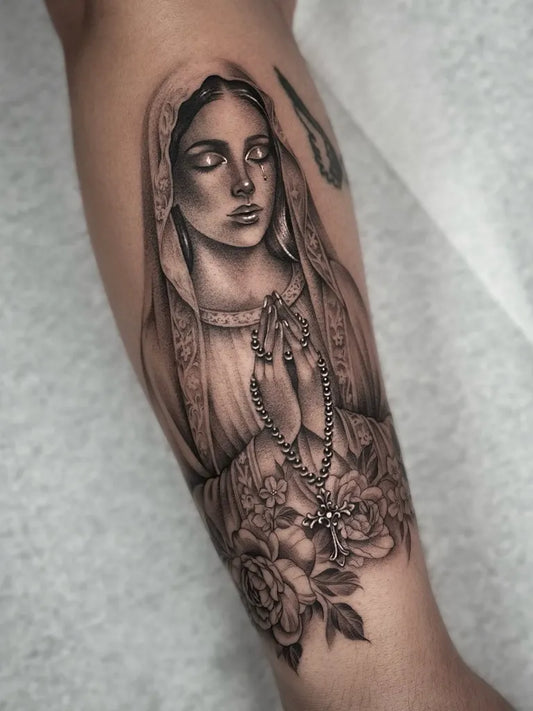 Big Black and Grey Virgin Mary with Rosary and Roses Tattoo on Women Arm by @guestroomtattoo