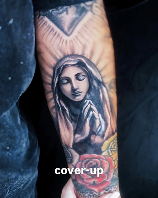 Big Black and Grey Virgin Mary with Rose Tattoo on Men Arm by @nanayttn