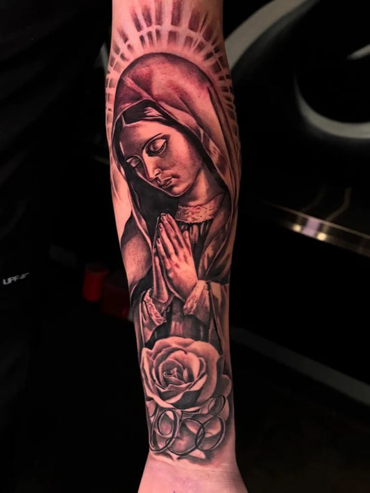 Big Black and Grey Virgin Mary with Rose Tattoo on Women Arm by @frrausty
