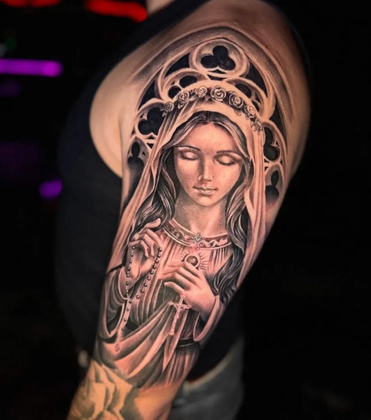 Big Black and Grey Virgin Mary with Rose Window Tattoo on Women Arm by @greasymonkey310