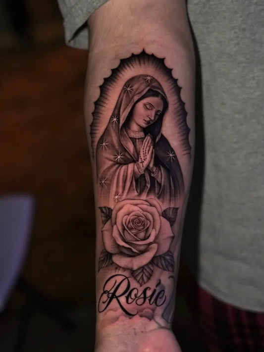Big Black and Grey Virgin Mary with Roses and Rosie Tattoo on Men Arm by @azahllopez