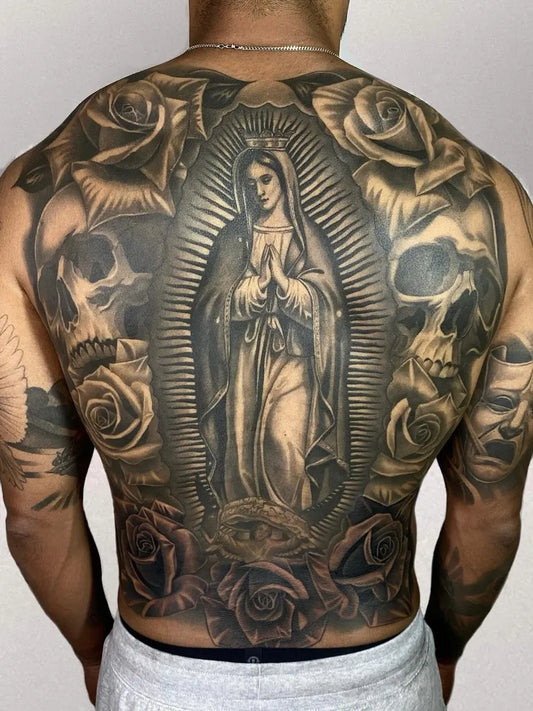 Big Black and Grey Virgin Mary with Roses and Skulls Tattoo on Men Back by @inkbypena