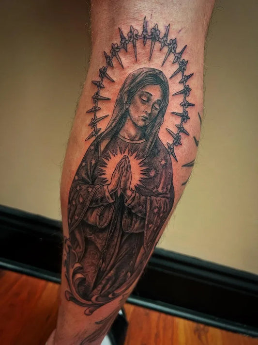 Big Black and Grey Virgin Mary with Sacred Heart Tattoo on Men Thigh by @hailhansy