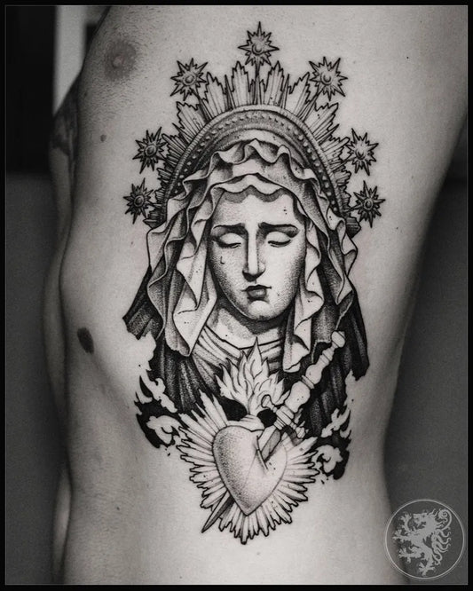 Big Black and Grey Virgin Mary with Sacred Heart Tattoo on Men Torso by @jacob_tattoo