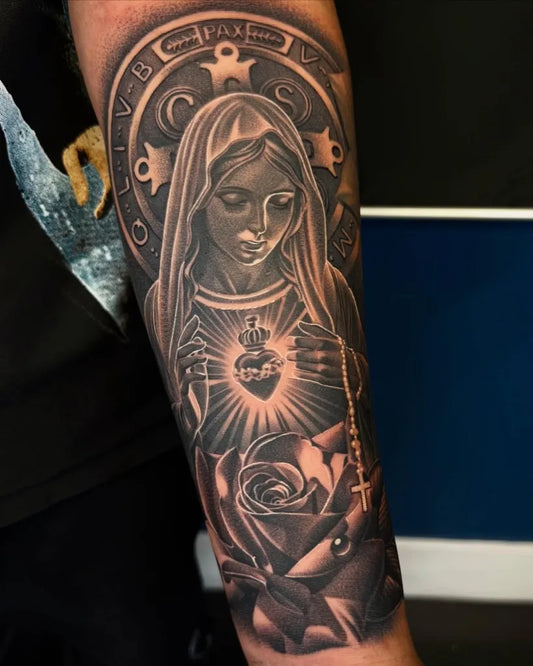 Big Black and Grey Virgin Mary with Sacred Heart and Rosary Tattoo on Men Arm by @jgarcestattoo