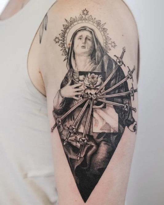 Big Black and Grey Virgin Mary with Swords and Roses Tattoo on Men Shoulder by @bensart