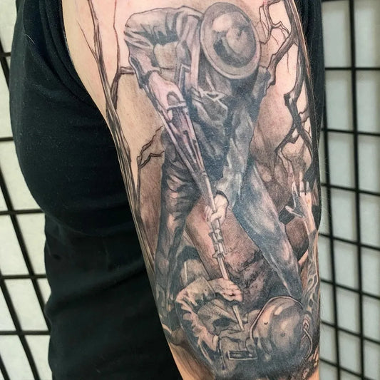 Big Black and Grey WWI Soldier Bayoneting Enemy Military Tattoo on Men Arm by @chopztattoo