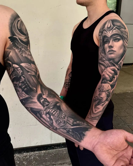 Big Black and Grey Warrior Goddess and Angel Tattoo on Men Arm by @dayantorresart