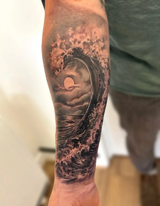 Big Black and Grey Wave and Moon Tattoo on Men Arm by @kitaarose