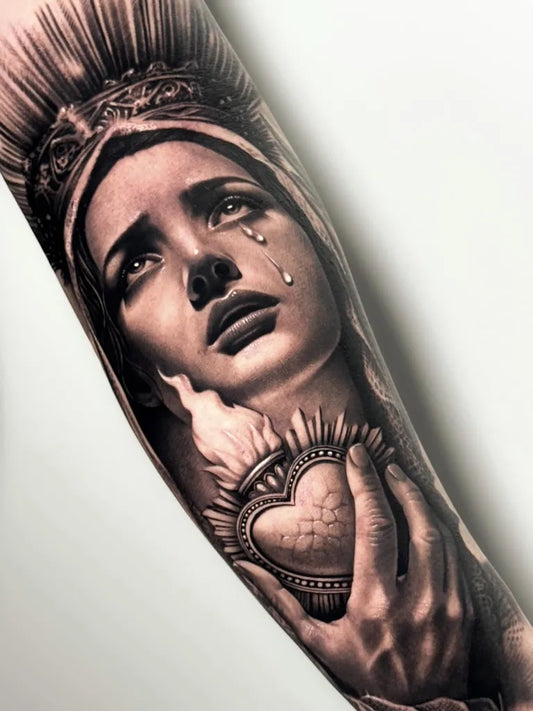 Big Black and Grey Weeping Virgin Mary Sacred Heart Tattoo on Women Arm by @iinfinite.art