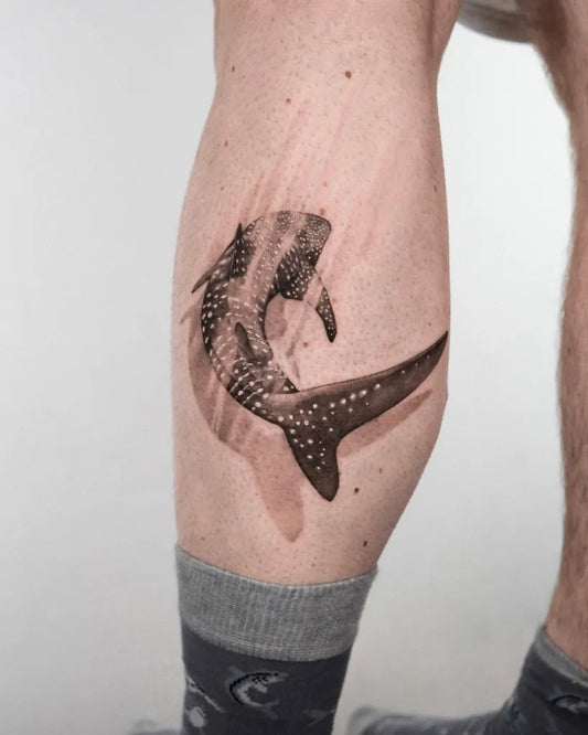 Big Black and Grey Whale Shark on Men Leg Tattoo by @sana.ink