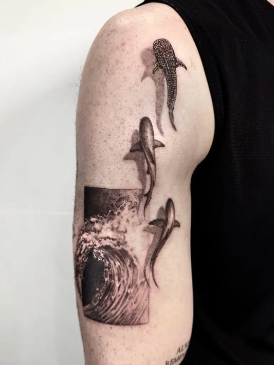 Big Black and Grey Whale Sharks on Men Arm Tattoo by @holsinc