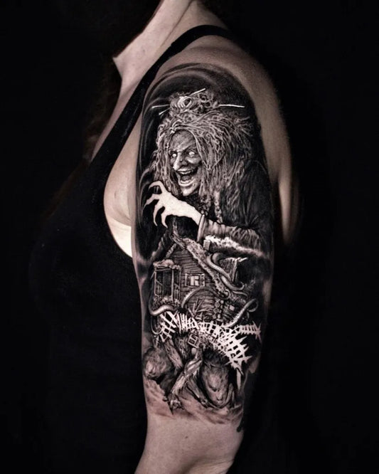 Big Black and Grey Witch and Spiderweb Horror Tattoo on Women Shoulder by @artcollectortattoo