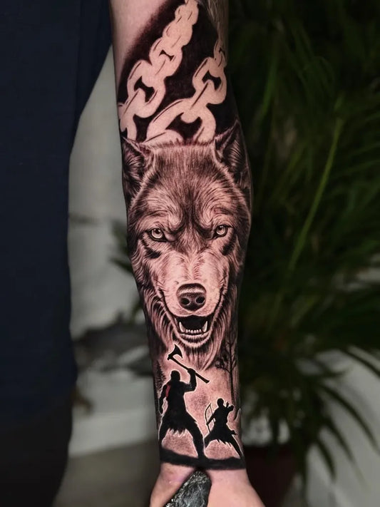 Big Black and Grey Wolf Chains and Vikings on Men Arm Tattoo by @rogeriojunotattoo