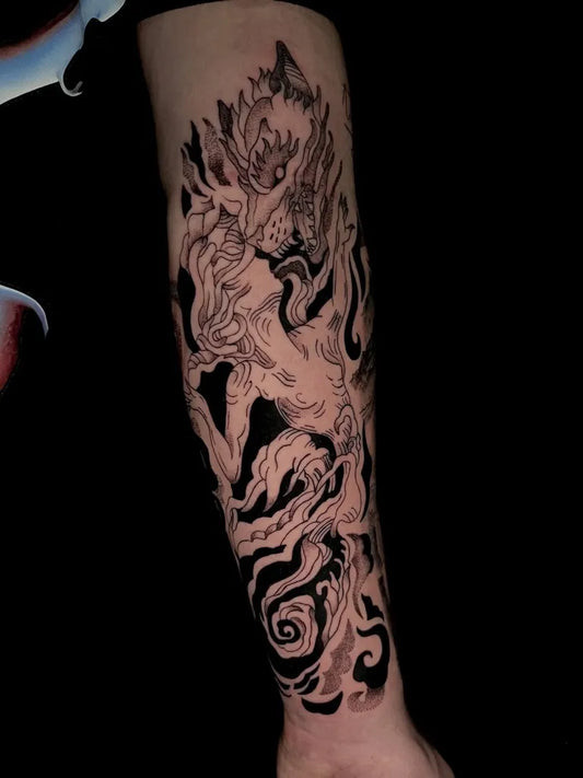 Big Black and Grey Wolf Dragon Flames on Men Arm Tattoo by @daca.tattoo