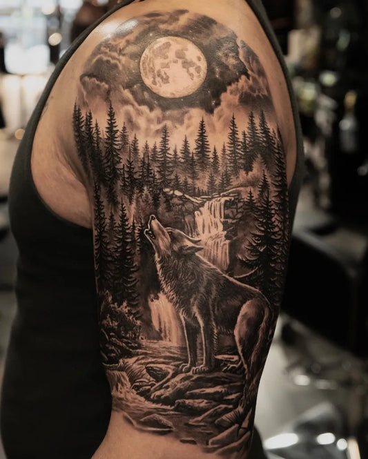 Big Black and Grey Wolf Forest Moon on Men Arm Tattoo by @grxsy