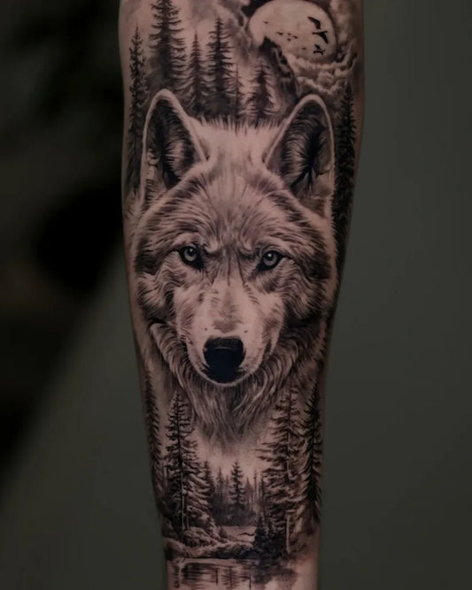 Big Black and Grey Wolf Forest Moon on Men Arm Tattoo by @hoa._.tattoo
