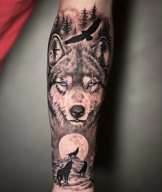 Big Black and Grey Wolf Forest Moon on Men Arm Tattoo by @matheussanttattoo