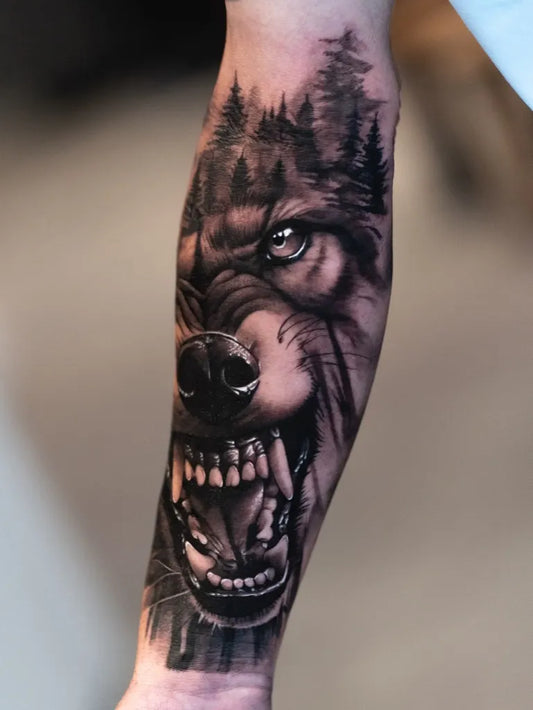 Big Black and Grey Wolf Forest on Men Arm Tattoo by @beykerart