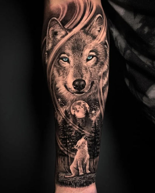Big Black and Grey Wolf Moon Pup on Men Arm Tattoo by @dani_moreno_garcia