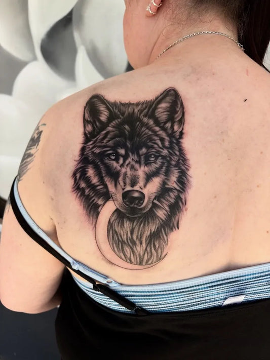 Big Black and Grey Wolf Moon on Women Shoulder Tattoo by @mr_immortal_art