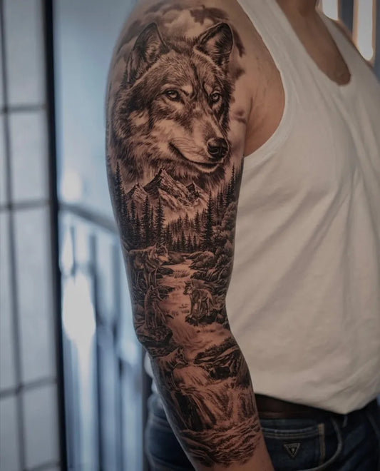 Big Black and Grey Wolf Mountains Forest on Men Arm Tattoo by @grxsy