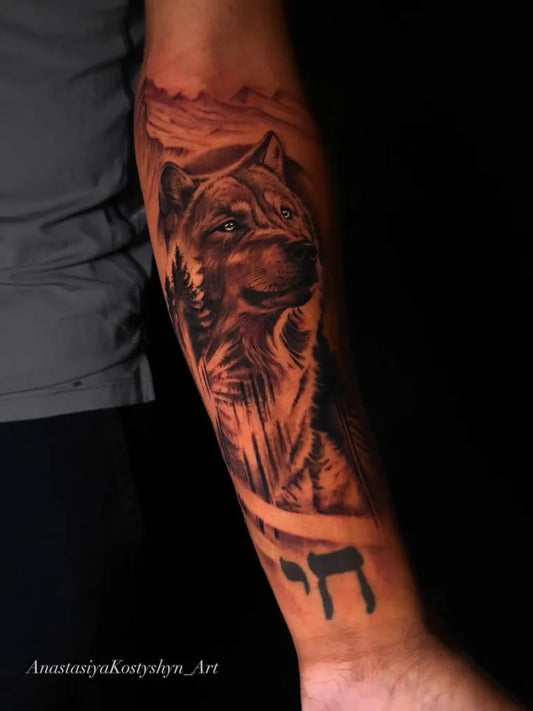 Big Black and Grey Wolf Mountains Hebrew on Men Arm Tattoo by @anastasiyakostyshyn_art