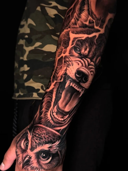 Big Black and Grey Wolf Owl on Men Arm Tattoo by @garrestattoo