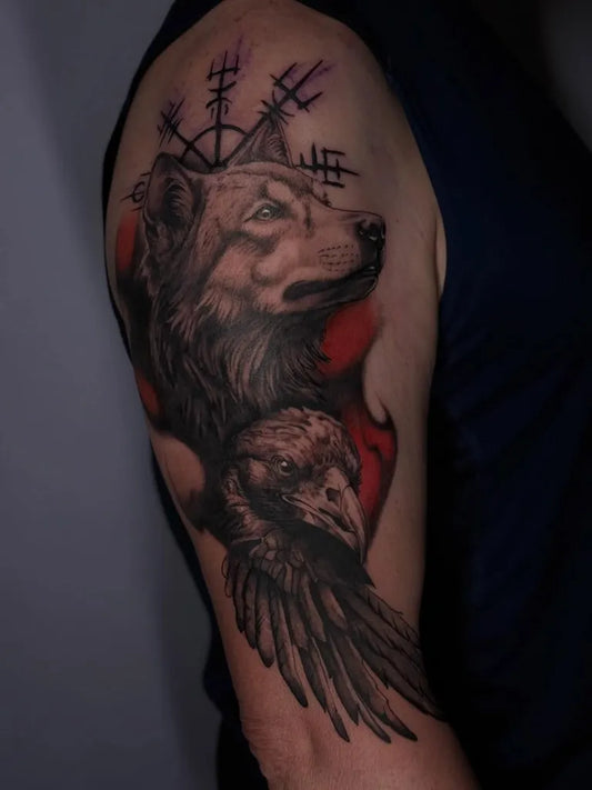 Big Black and Grey Wolf Raven Runes on Men Arm Tattoo by @nickmorris_tattoos