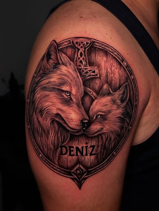 Big Black and Grey Wolf Shield on Men Shoulder Tattoo by @batuhandurmmus