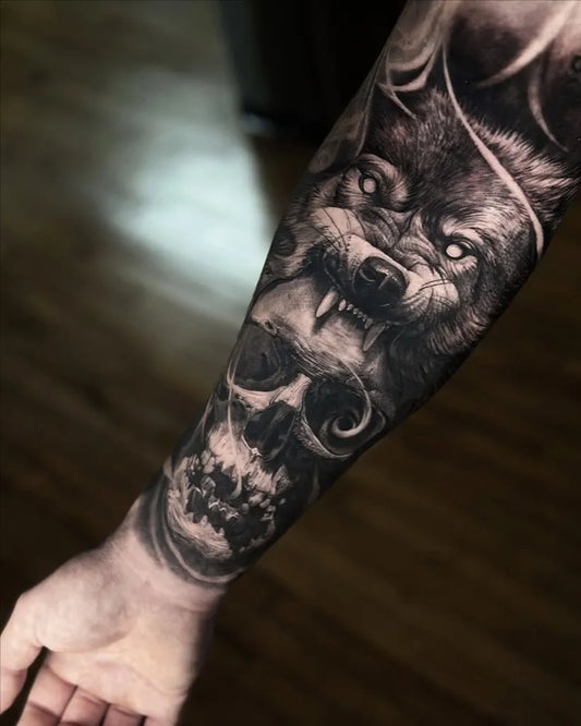 Big Black and Grey Wolf Skull on Men Arm Tattoo by @lamanigancetattootoronto