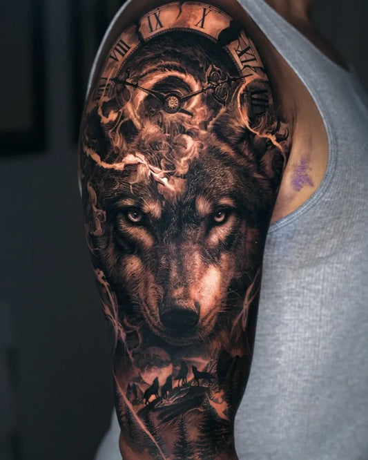 Big Black and Grey Wolf and Clock Tattoo on Men Upper Arm by @sumok_tattoo