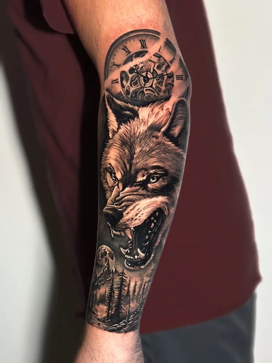 Big Black and Grey Wolf and Clock and Mountains on Men Arm Tattoo by @tattoo.onda